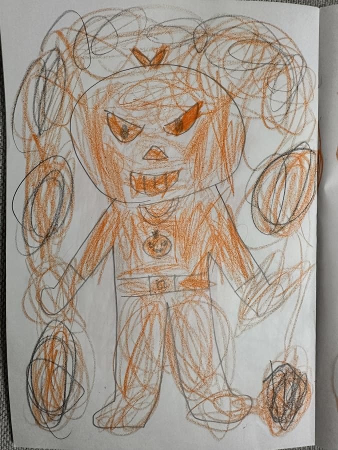 Child's crayon drawing of the giant Mikanman